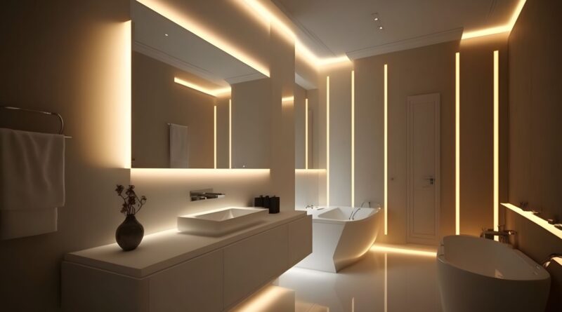 Ein elegantes, modern gestaltetes Badezimmer mit LED-Beleuchtung und einer integrierten Duschtoilette für erhöhten Komfort und Hygiene.